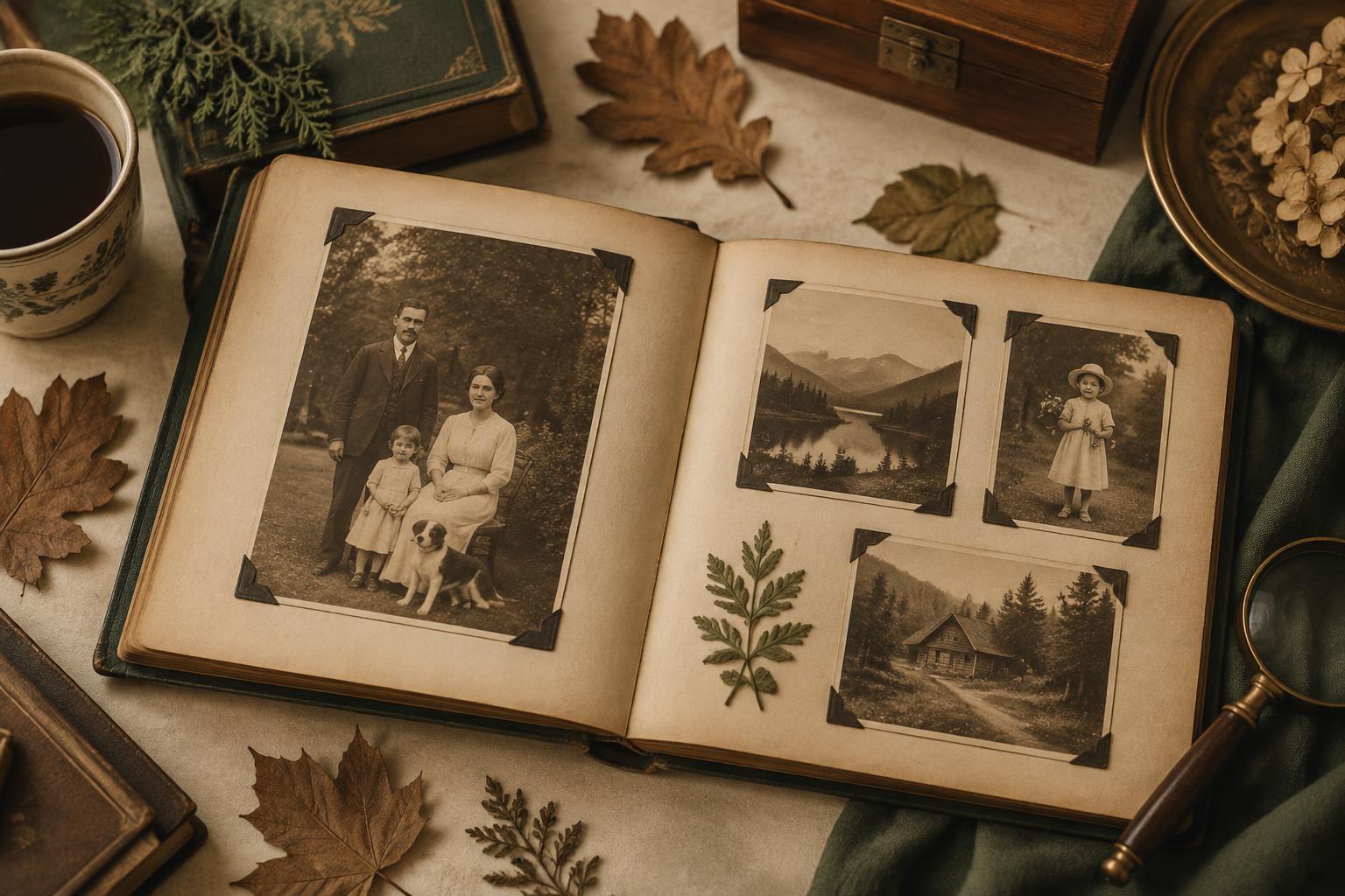 An open family photograph album with pressed leaves on a parchment table